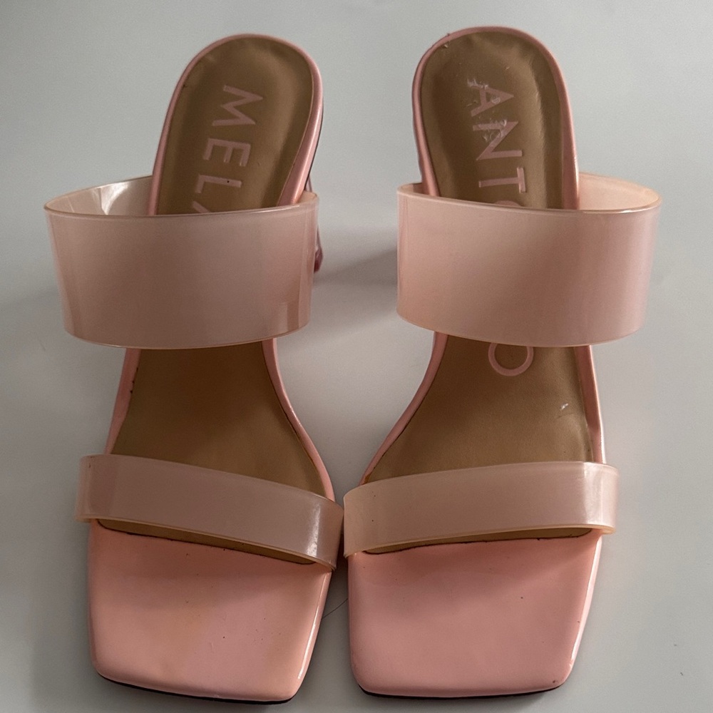 ANTONIO MELANI Pale Pink Two-Band Square-Toe Slide Sandals